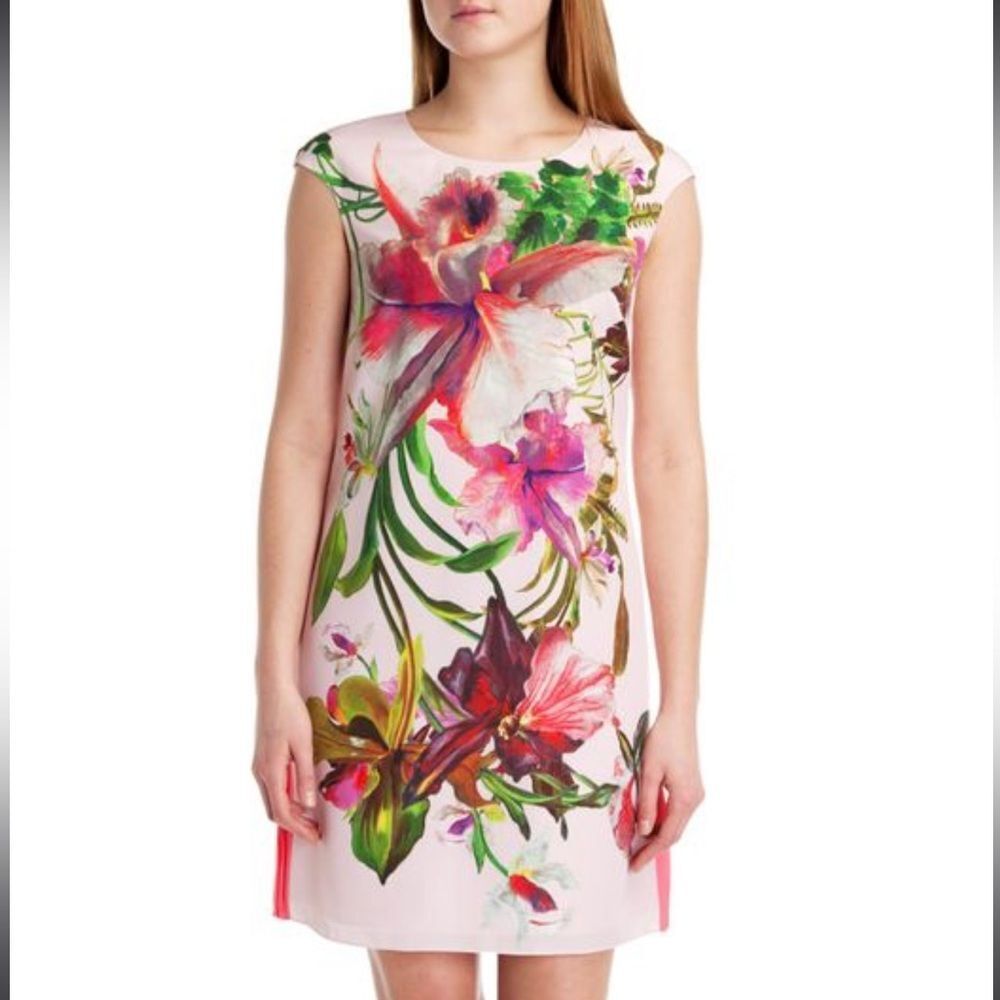 Ted Baker Womens Pink‎ Dress Ramonda Symmetrical Orchid Print Tunic Dress Sz 4